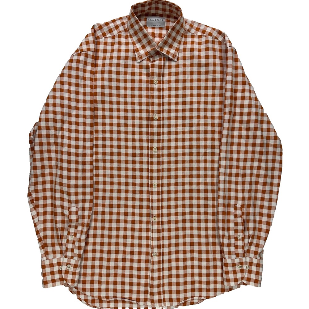 Ledbury Shirtmakers Classic Fit 16 Orange White Gingham Check Linen Blend Button